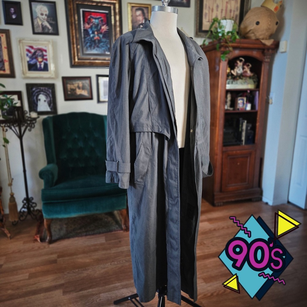 Trench Coat Charcoal Vintage 90s Grey Long Duster Jacket‎ Belted Goth Size 12